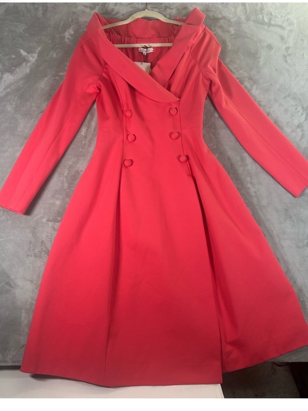 Dorothee Schumacher Off-Shoulder Coral Long-Sleeve Double-Breasted Midi Dress - Picture 6 of 16
